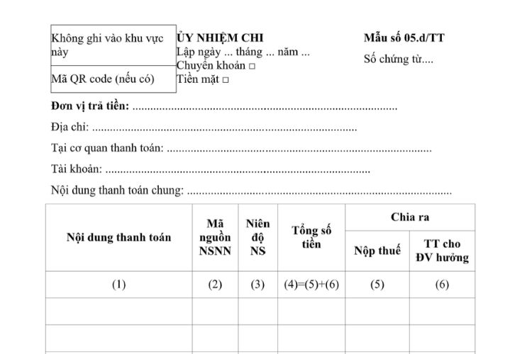 Mẫu Ủy nhiệm chi nộp thuế (đối với dự án sử dụng vốn đầu tư công)