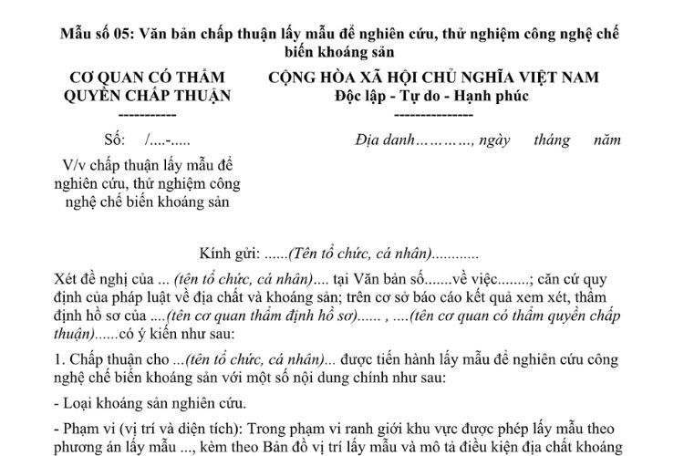 Mẫu Văn bản chấp thuận lấy mẫu để nghiên cứu, thử nghiệm công nghệ chế biến khoáng sản 2 Mẫu Văn bản chấp thuận lấy mẫu để nghiên cứu, thử nghiệm công nghệ chế biến khoáng sản