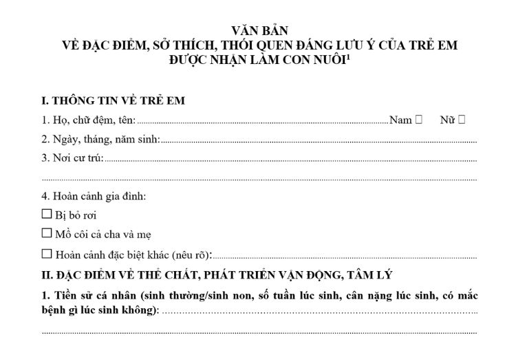 Mẫu Văn bản về đặc điểm, sở thích, thói quen đáng lưu ý của trẻ em được nhận làm con nuôi