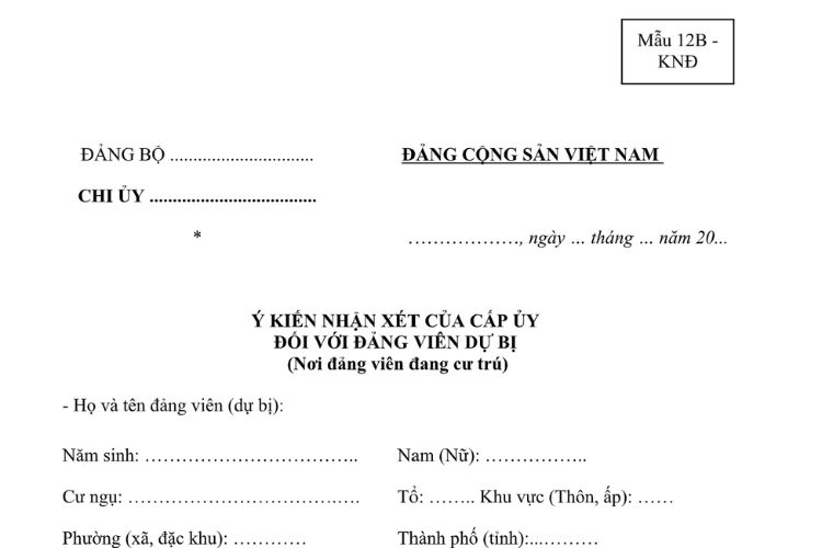 Mẫu Ý kiến nhận xét của cấp ủy đối với Đảng viên dự bị (nơi Đảng viên đang cư trú) trong trường hợp người xin vào Đảng là học sinh, sinh viên 2 Mẫu Ý kiến nhận xét của cấp ủy đối với Đảng viên dự bị (nơi Đảng viên đang cư trú) trong trường hợp người xin vào Đảng là học sinh, sinh viên