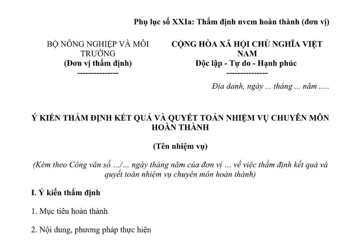 Mẫu Ý kiến thẩm định kết quả và quyết toán nhiệm vụ chuyên môn hoàn thành (đơn vị) của Bộ Nông nghiệp và Môi trường