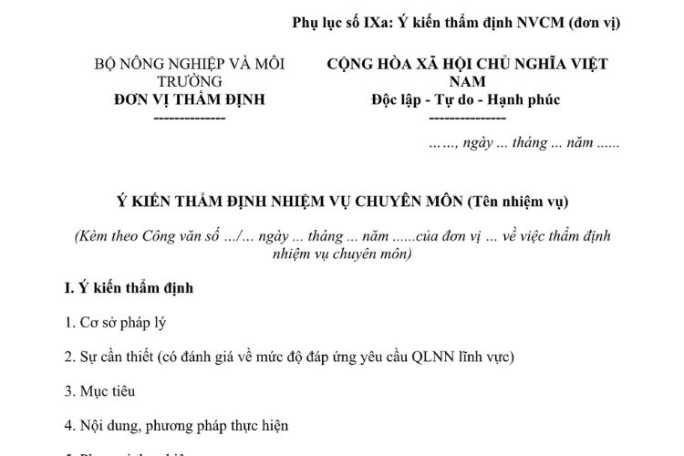 Mẫu Ý kiến thẩm định nhiệm vụ chuyên môn (đơn vị) của Bộ Nông nghiệp và Môi trường
