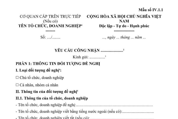Mẫu Yêu cầu công nhận tổ chức, cá nhân đổi mới sáng tạo, khởi nghiệp sáng tạo