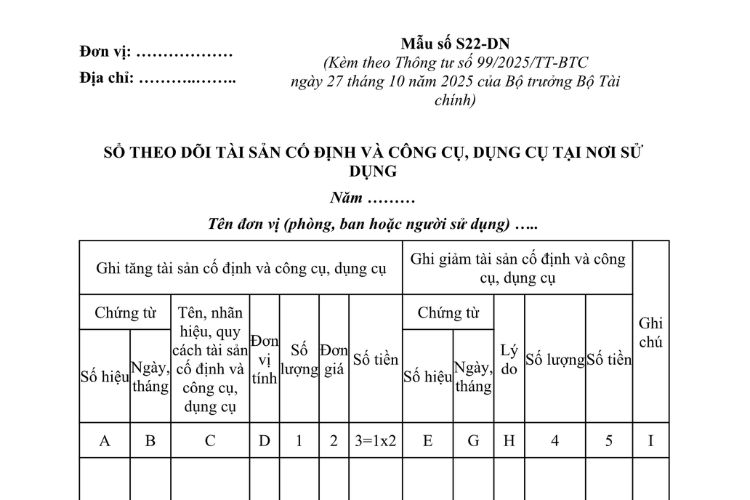 Sổ theo dõi TSCĐ và công cụ, dụng cụ tại nơi sử dụng (Mẫu S22-DN) theo Thông tư 99 2 Sổ theo dõi TSCĐ và công cụ, dụng cụ tại nơi sử dụng (Mẫu S22-DN) theo Thông tư 99
