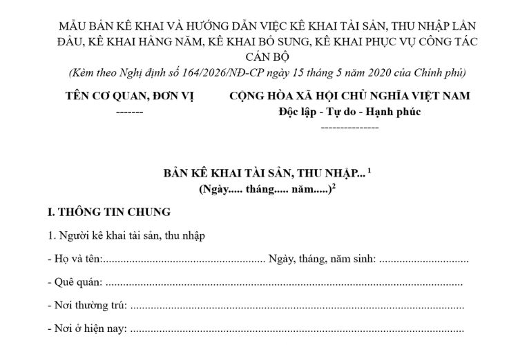 Bản kê khai tài sản, thu nhập của người có chức vụ, quyền hạn trong cơ quan, tổ chức, đơn vị
