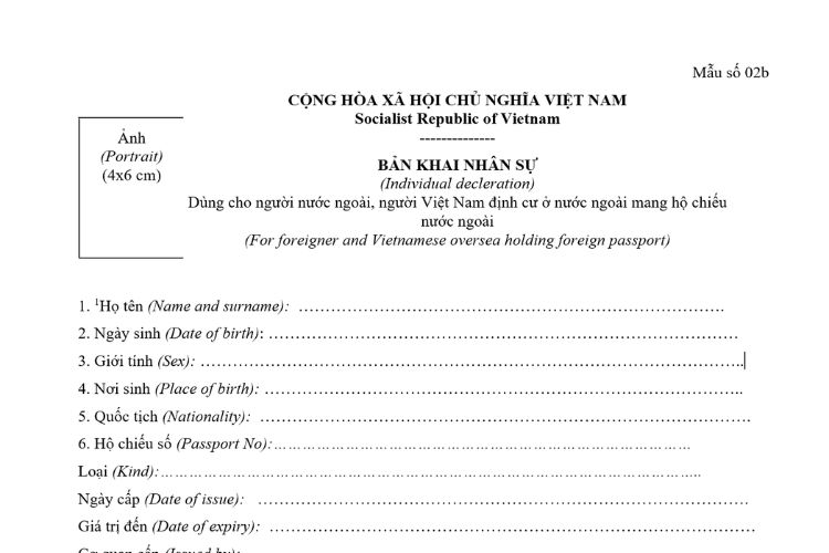 Bản khai nhân sự dùng cho người nước ngoài, người Việt Nam định cư ở nước ngoài mang hộ chiếu nước ngoài 2 Bản khai nhân sự dùng cho người nước ngoài, người Việt Nam định cư ở nước ngoài mang hộ chiếu nước ngoài