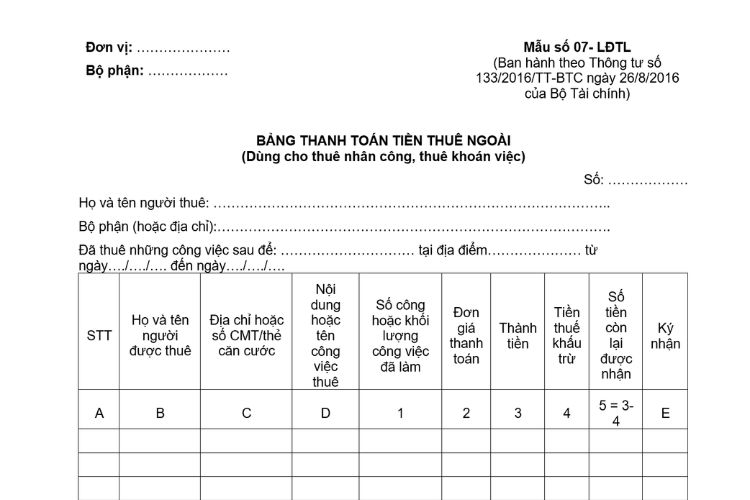 Bảng thanh toán tiền thuê ngoài (Mẫu số 07-LĐTL) theo Thông tư 133 2 Bảng thanh toán tiền thuê ngoài (Mẫu số 07-LĐTL) theo Thông tư 133