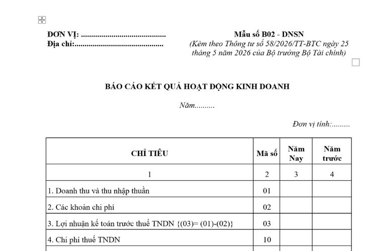 Báo cáo kết quả hoạt động kinh doanh (Mẫu số B02 - DNSN) theo Thông tư 58