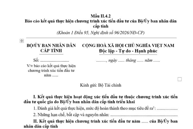 Báo cáo kết quả thực hiện chương trình xúc tiến đầu tư của Bộ/ Ủy ban nhân dân cấp tỉnh (Mẫu II.4.2) mới nhất 2026