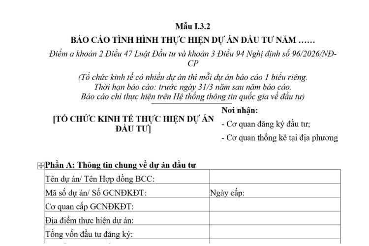 Báo cáo năm về tình hình thực hiện dự án đầu tư (Mẫu I.3.2) mới nhất 2026