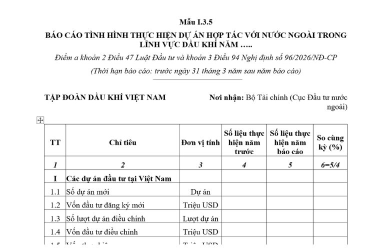 Báo cáo năm về tình hình thực hiện dự án hợp tác với nước ngoài trong lĩnh vực dầu khí của Tập đoàn Dầu khí Việt Nam (Mẫu I.3.5) mới nhất 2026
