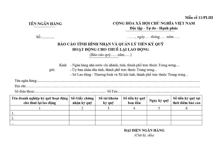 Báo cáo tình hình nhận tiền ký quỹ kinh doanh hoạt động cho thuê lại lao động