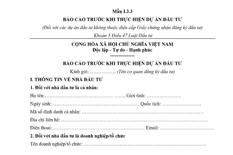 Báo cáo trước khi thực hiện dự án đầu tư (Mẫu I.3.3) mới nhất 2026