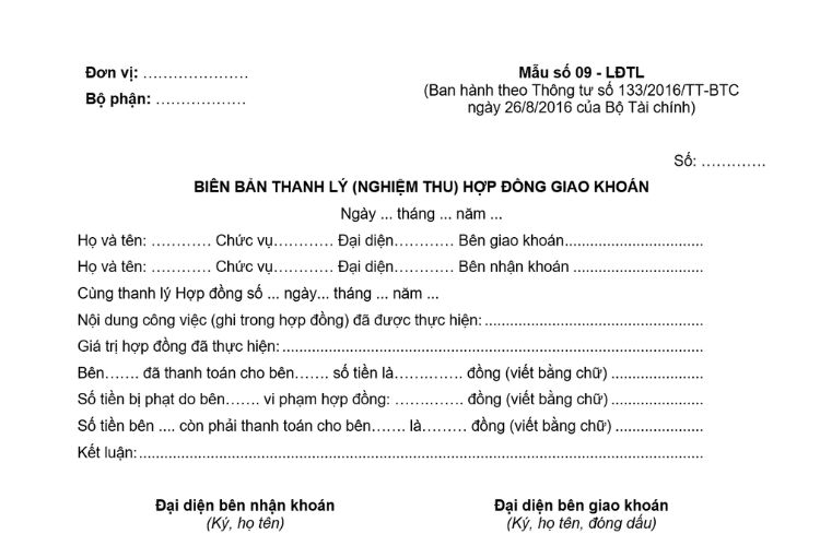 Biên bản thanh lý (nghiệm thu) hợp đồng giao khoán (Mẫu số 09-LĐTL) theo Thông tư 133 2 Biên bản thanh lý (nghiệm thu) hợp đồng giao khoán (Mẫu số 09-LĐTL) theo Thông tư 133