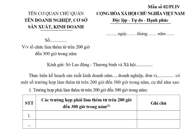 Công văn thông báo làm thêm từ trên 200 giờ đến 300 giờ