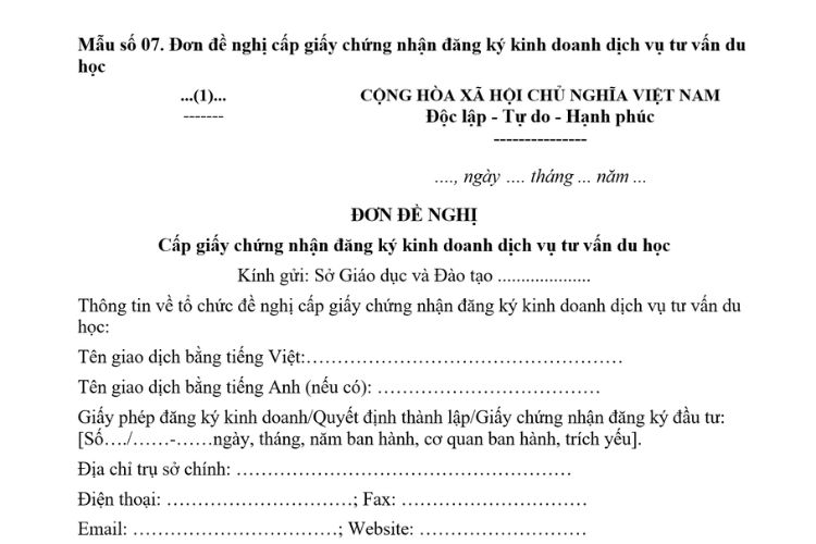 Đơn đề nghị cấp giấy chứng nhận đăng ký kinh doanh dịch vụ tư vấn du học