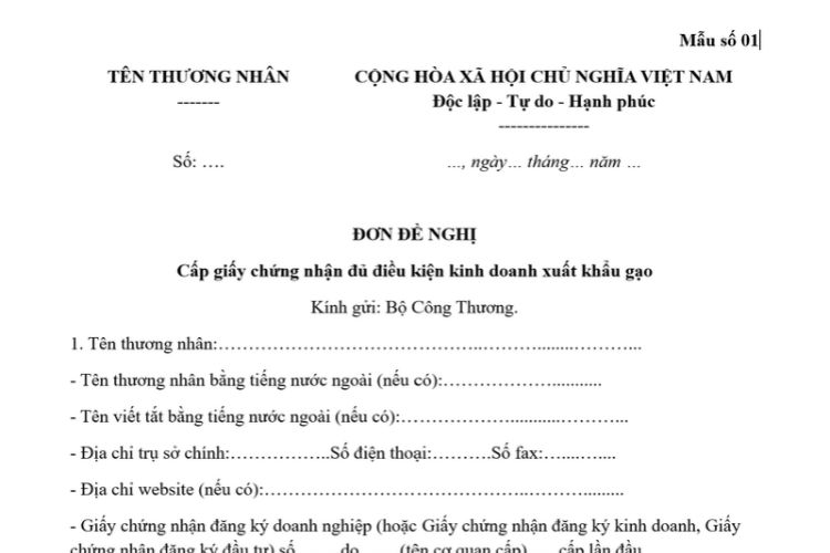 Đơn đề nghị cấp giấy chứng nhận đủ điều kiện kinh doanh xuất khẩu gạo