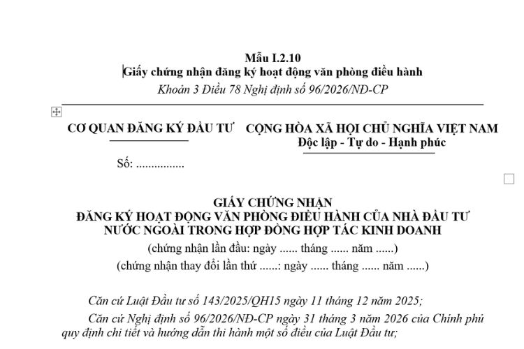 Giấy chứng nhận đăng ký hoạt động văn phòng điều hành (Mẫu I.2.10) mới nhất 2026 2 Giấy chứng nhận đăng ký hoạt động văn phòng điều hành (Mẫu I.2.10) mới nhất 2026