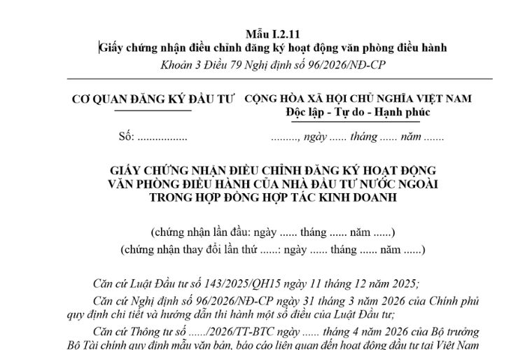 Giấy chứng nhận điều chỉnh đăng ký hoạt động văn phòng điều hành (Mẫu I.2.11) mới nhất 2026