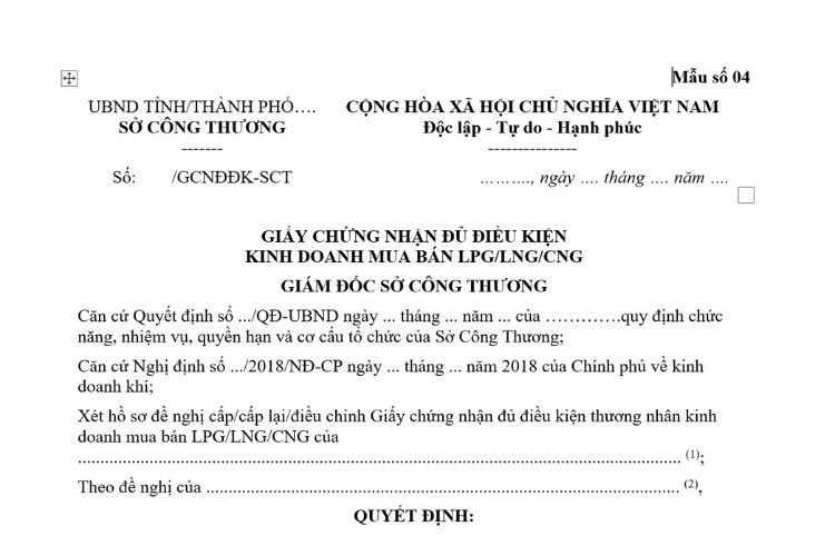 Giấy chứng nhận đủ điều kiện kinh doanh mua bán LPG/LNG/CNG