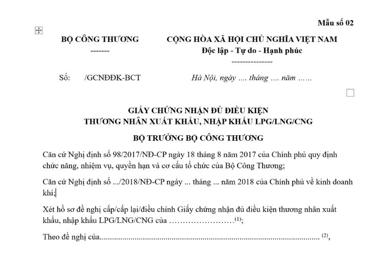 Giấy chứng nhận đủ điều kiện thương nhân xuất khẩu, nhập khẩu LPG/LNG/CNG