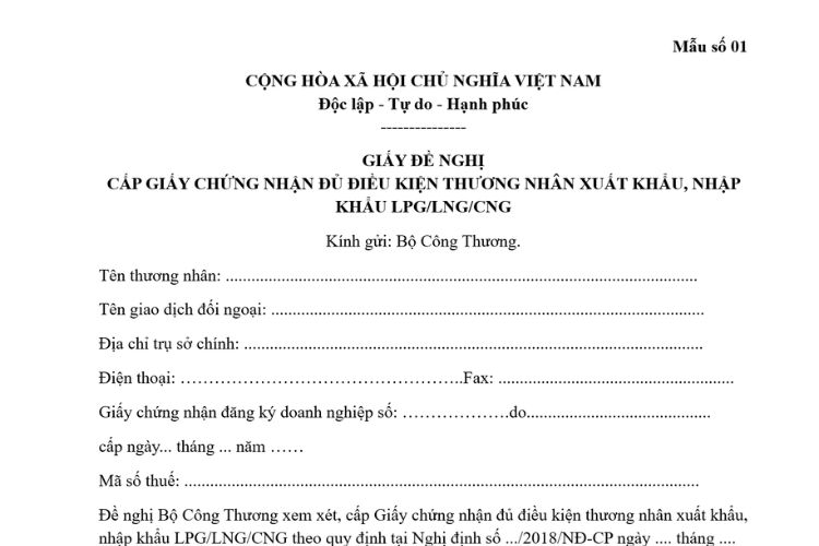 Giấy đề nghị cấp Giấy chứng nhận đủ điều kiện thương nhân xuất khẩu, nhập khẩu LPG/LNG/CNG