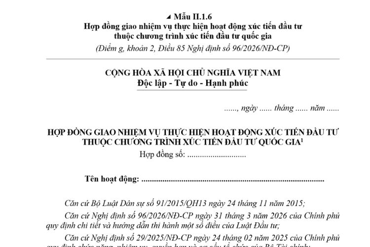 Hợp đồng giao nhiệm vụ thực hiện hoạt động xúc tiến đầu tư thuộc chương trình xúc tiến đầu tư quốc gia (Mẫu II.1.6) mới nhất 2026