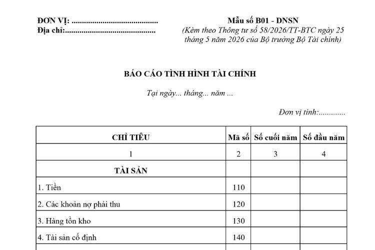 Mẫu Báo cáo tình hình tài chính (Mẫu số B01 - DNSN) theo Thông tư 58 2 Mẫu Báo cáo tình hình tài chính (Mẫu số B01 - DNSN) theo Thông tư 58