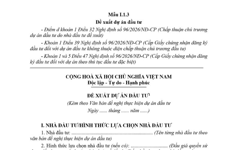 Mẫu Đề xuất dự án đầu tư (Mẫu I.1.3) mới nhất 2026