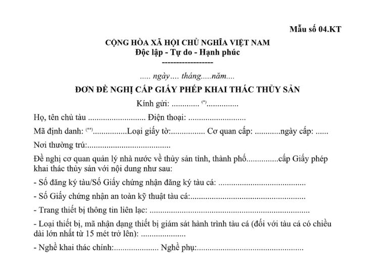 Mẫu Đơn đề nghị cấp giấy phép khai thác thủy sản 2 Mẫu Đơn đề nghị cấp giấy phép khai thác thủy sản