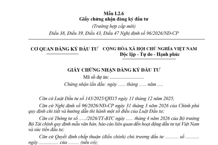 Mẫu Giấy chứng nhận đăng ký đầu tư (Mẫu I.2.6) mới nhất 2026 2 Mẫu Giấy chứng nhận đăng ký đầu tư (Mẫu I.2.6) mới nhất 2026