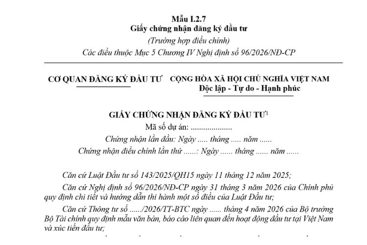 Mẫu Giấy chứng nhận đăng ký đầu tư (Mẫu I.2.7) mới nhất 2026