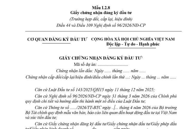Mẫu Giấy chứng nhận đăng ký đầu tư (Mẫu I.2.8) mới nhất 2026 2 Mẫu Giấy chứng nhận đăng ký đầu tư (Mẫu I.2.8) mới nhất 2026