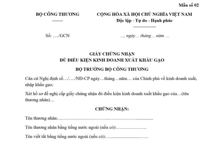 Mẫu Giấy chứng nhận đủ điều kiện kinh doanh xuất khẩu gạo