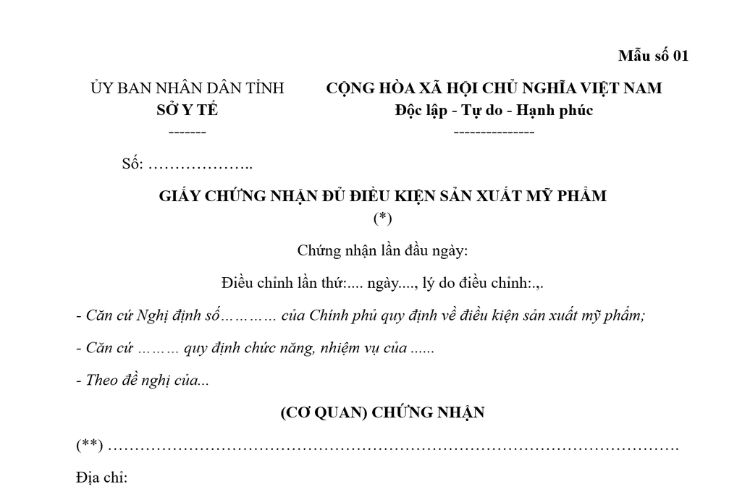 Mẫu Giấy chứng nhận đủ điều kiện sản xuất mỹ phẩm 2 Mẫu Giấy chứng nhận đủ điều kiện sản xuất mỹ phẩm