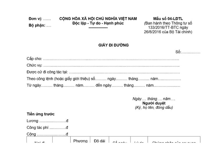 Mẫu Giấy đi đường (Mẫu số 04-LĐTL) theo Thông tư 133