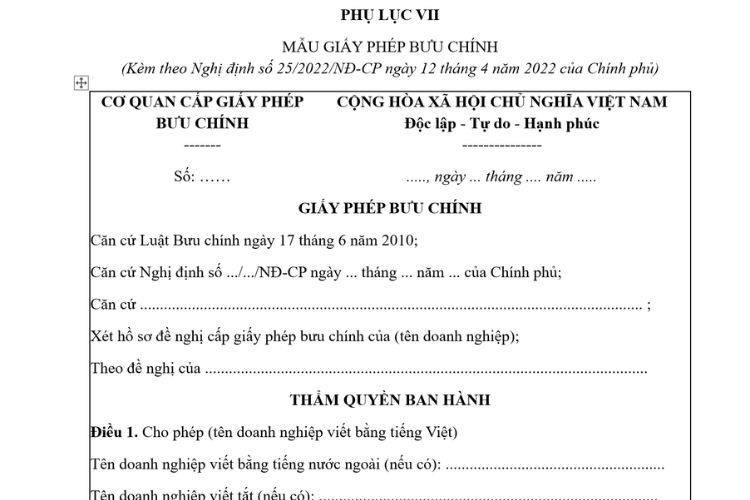 Mẫu Giấy phép bưu chính mới nhất
