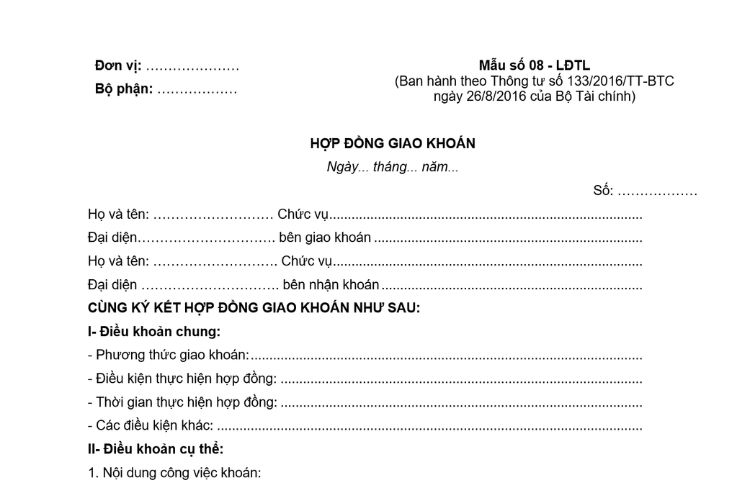 Mẫu Hợp đồng giao khoán (Mẫu số 08-LĐTL) theo Thông tư 133 2 Mẫu Hợp đồng giao khoán (Mẫu số 08-LĐTL) theo Thông tư 133