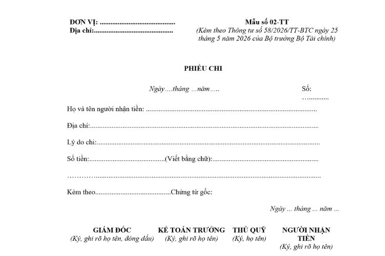 Mẫu Phiếu chi (Mẫu số 02-TT) theo Thông tư 58 2 Mẫu Phiếu chi (Mẫu số 02-TT) theo Thông tư 58