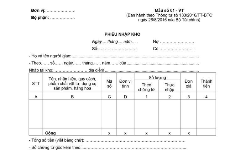 Mẫu Phiếu nhập kho (Mẫu số 01-VT) theo Thông tư 133 2 Mẫu Phiếu nhập kho (Mẫu số 01-VT) theo Thông tư 133