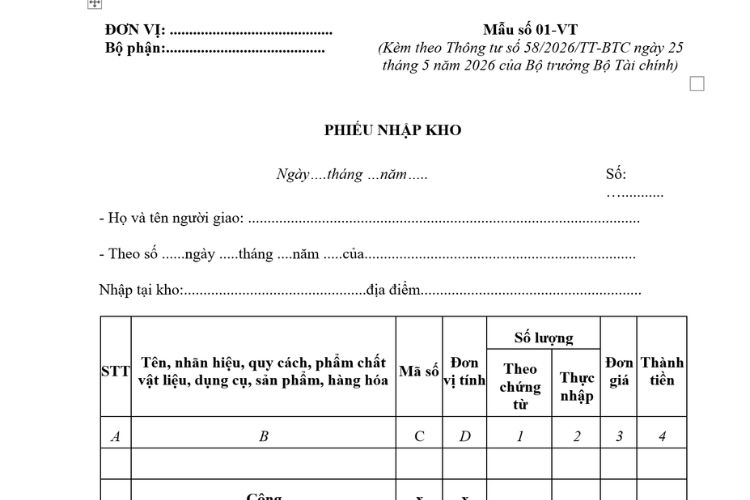 Mẫu Phiếu nhập kho (Mẫu số 01-VT) theo Thông tư 58 2 Mẫu Phiếu nhập kho (Mẫu số 01-VT) theo Thông tư 58