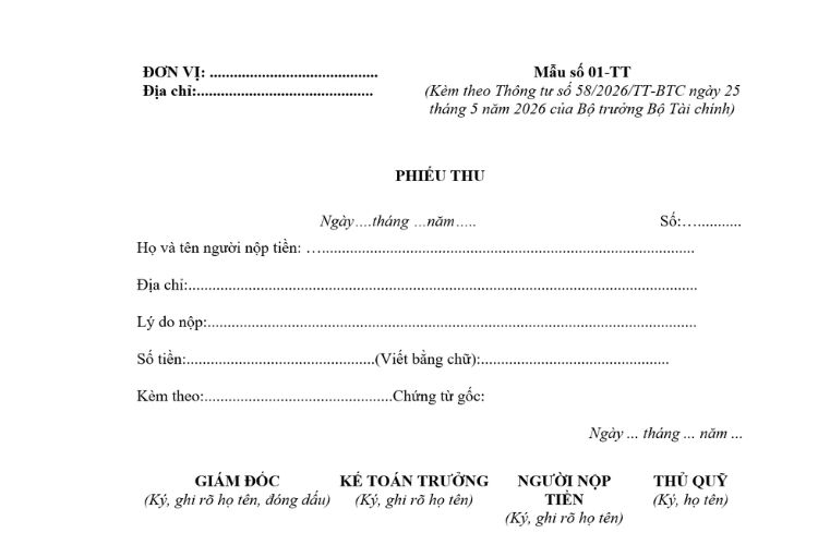Mẫu Phiếu thu (Mẫu số 01-TT) theo Thông tư 58