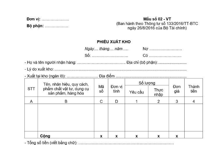 Mẫu Phiếu xuất kho (Mẫu số 02-VT) theo Thông tư 133