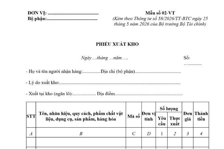 Mẫu Phiếu xuất kho (Mẫu số 02-VT) theo Thông tư 58