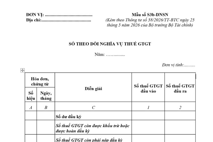 Mẫu Sổ theo dõi nghĩa vụ thuế GTGT (Mẫu số S3b-DNSN) theo Thông tư 58