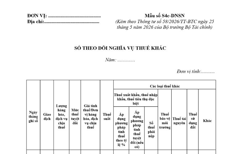 Mẫu Sổ theo dõi nghĩa vụ thuế khác (Mẫu số S4c-DNSN) theo Thông tư 58