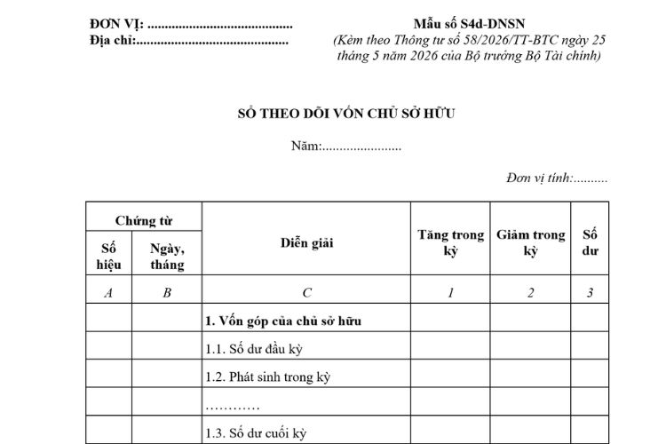 Mẫu Sổ theo dõi vốn chủ sở hữu (Mẫu số S4d-DNSN) theo Thông tư 58