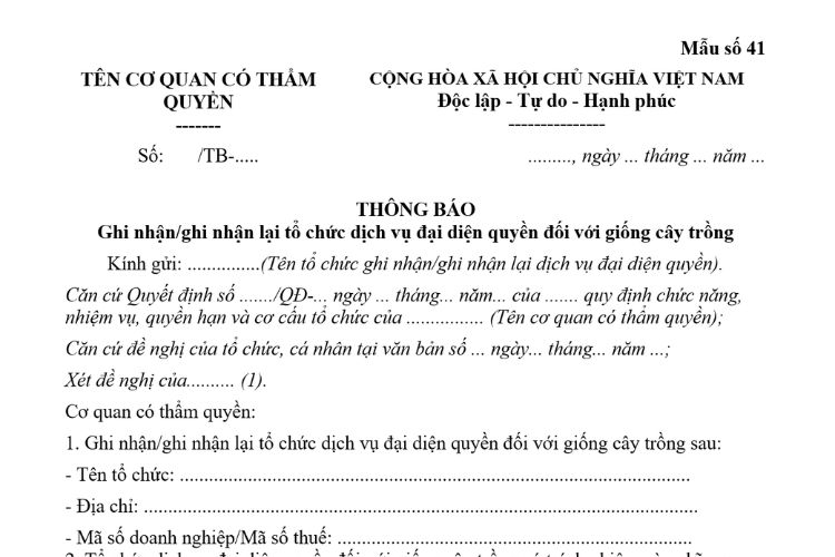 Mẫu Thông báo ghi nhận/ghi nhận lại tổ chức dịch vụ đại diện quyền đối với giống cây trồng 2 Mẫu Thông báo ghi nhận/ghi nhận lại tổ chức dịch vụ đại diện quyền đối với giống cây trồng
