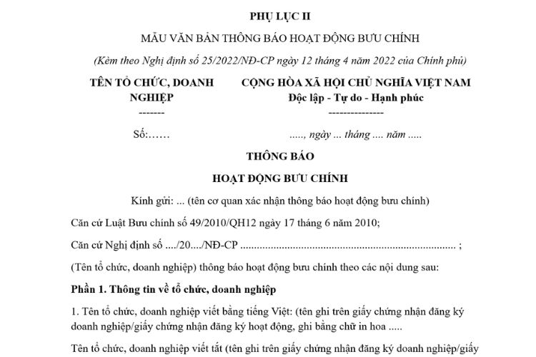 Mẫu Văn bản thông báo hoạt động bưu chính 2 Mẫu Văn bản thông báo hoạt động bưu chính