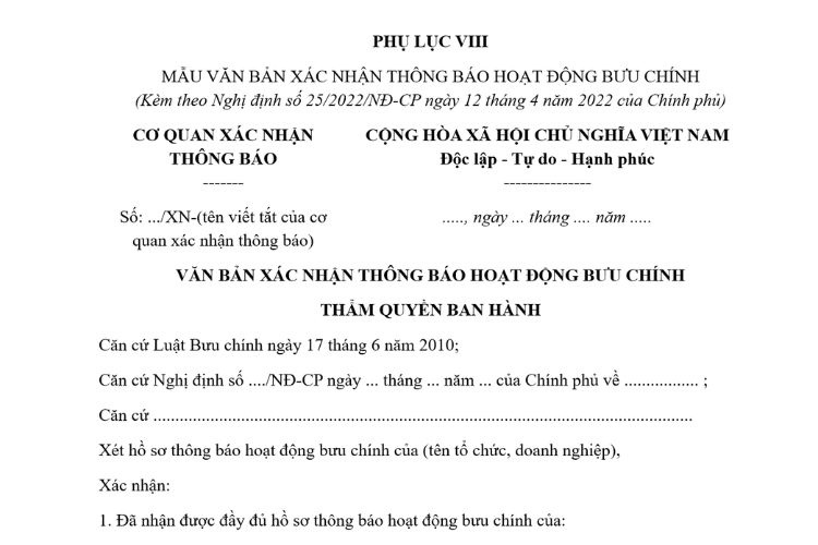 Mẫu Văn bản xác nhận thông báo hoạt động bưu chính
